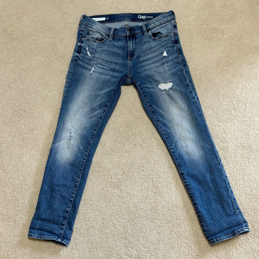Gap 1969 Girlfriend Low Rise Distressed Jeans, Med/Light Wash, 26 Regular